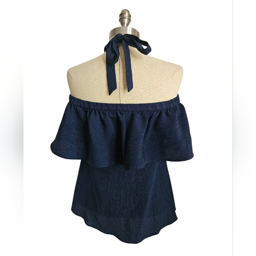 MICHAEL MICHAEL KORS Navy Blue Off-The-Shoulder Halter Ruffle Top | SZ S - Picture 3 of 8